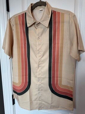 Men’s Beige Retro Stripe Short Sleeve Button Up Tan Red Green Lightweight Shirt